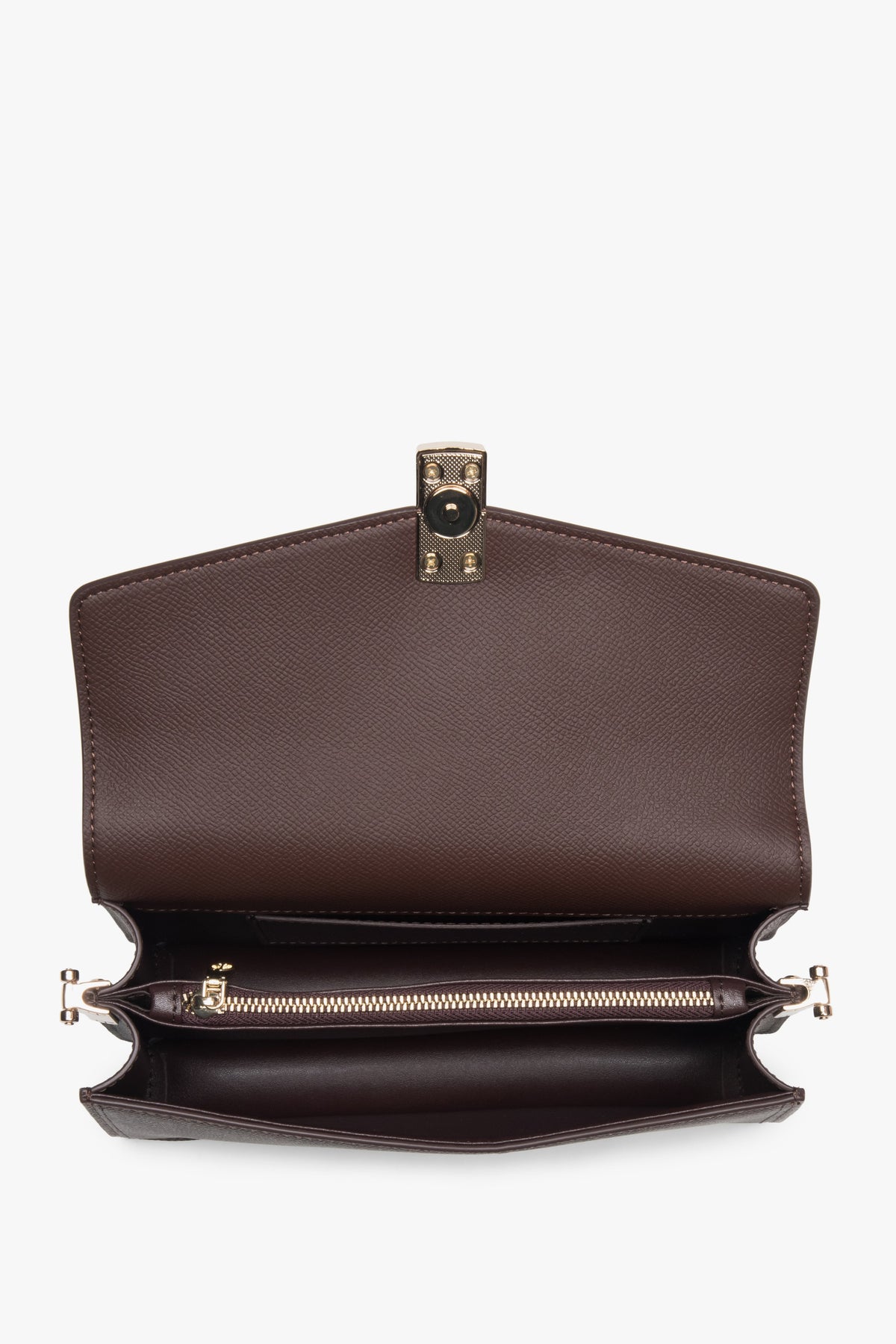 Dunkelbraune Estro Umhängetasche mit goldfarbenen Elementen i minimalistischem Design. 