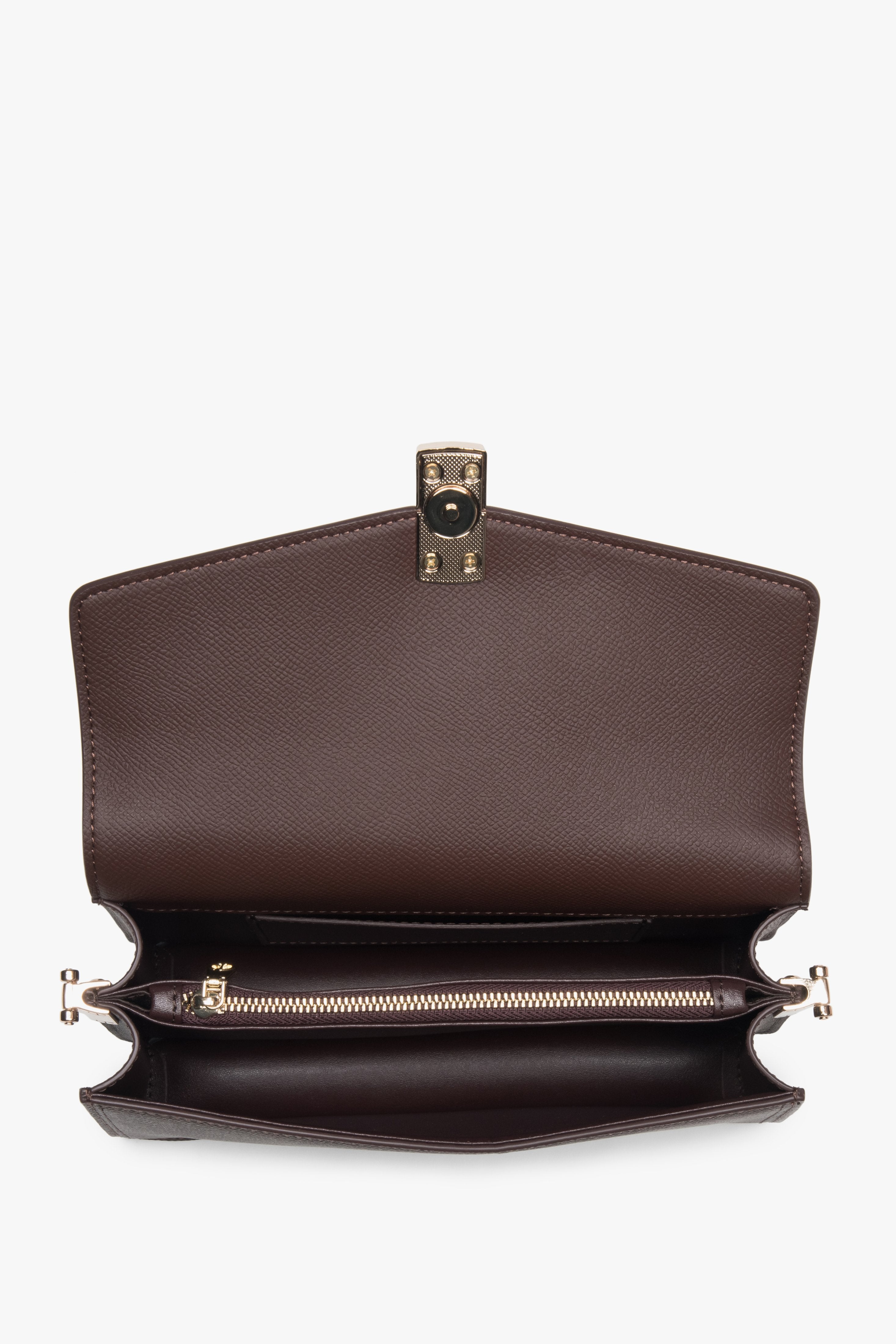 Dunkelbraune Estro Umhängetasche mit goldfarbenen Elementen i minimalistischem Design. 
