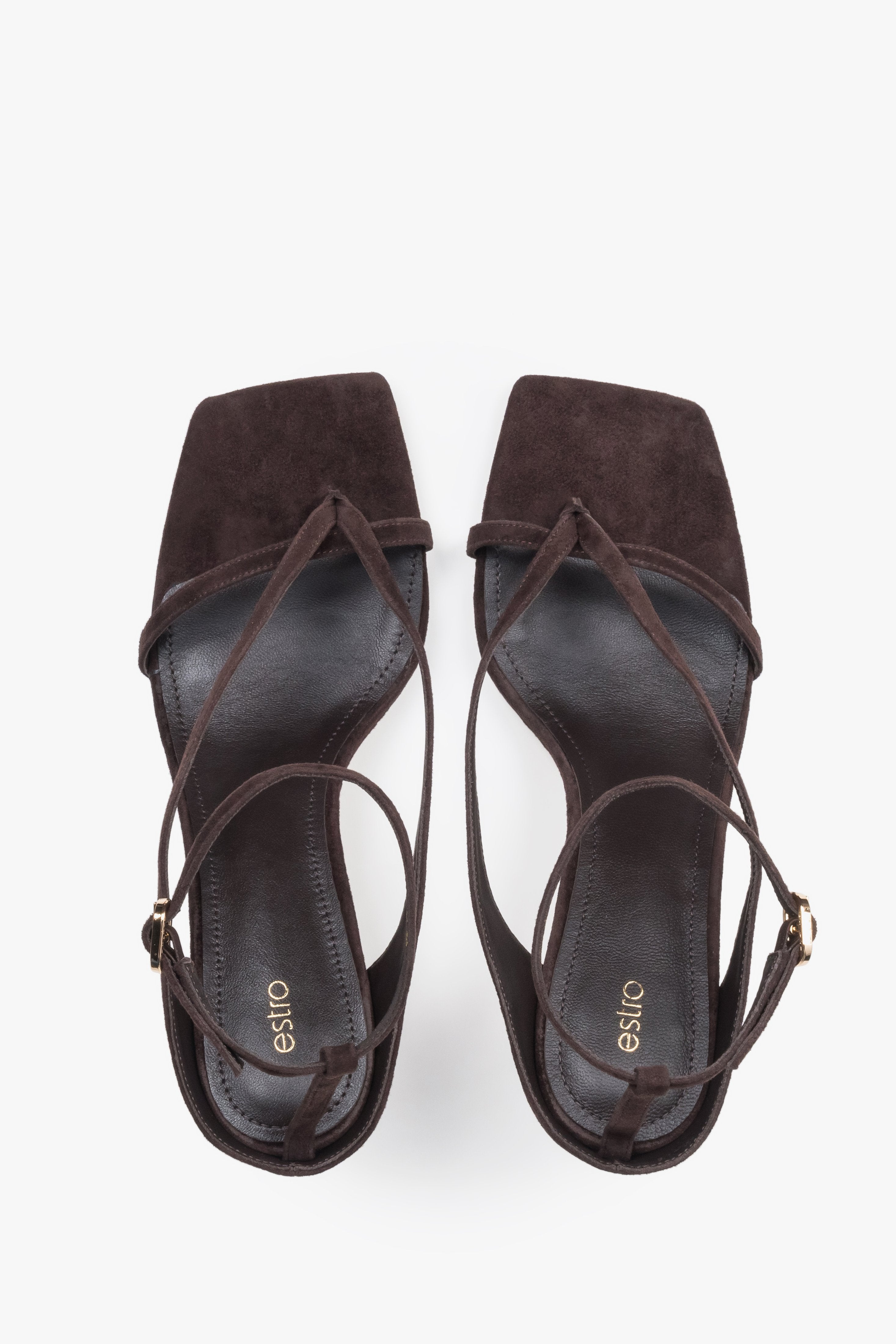 Paar dunkelbraune Velours-Sandalen mit Trichterabsatz von Estro