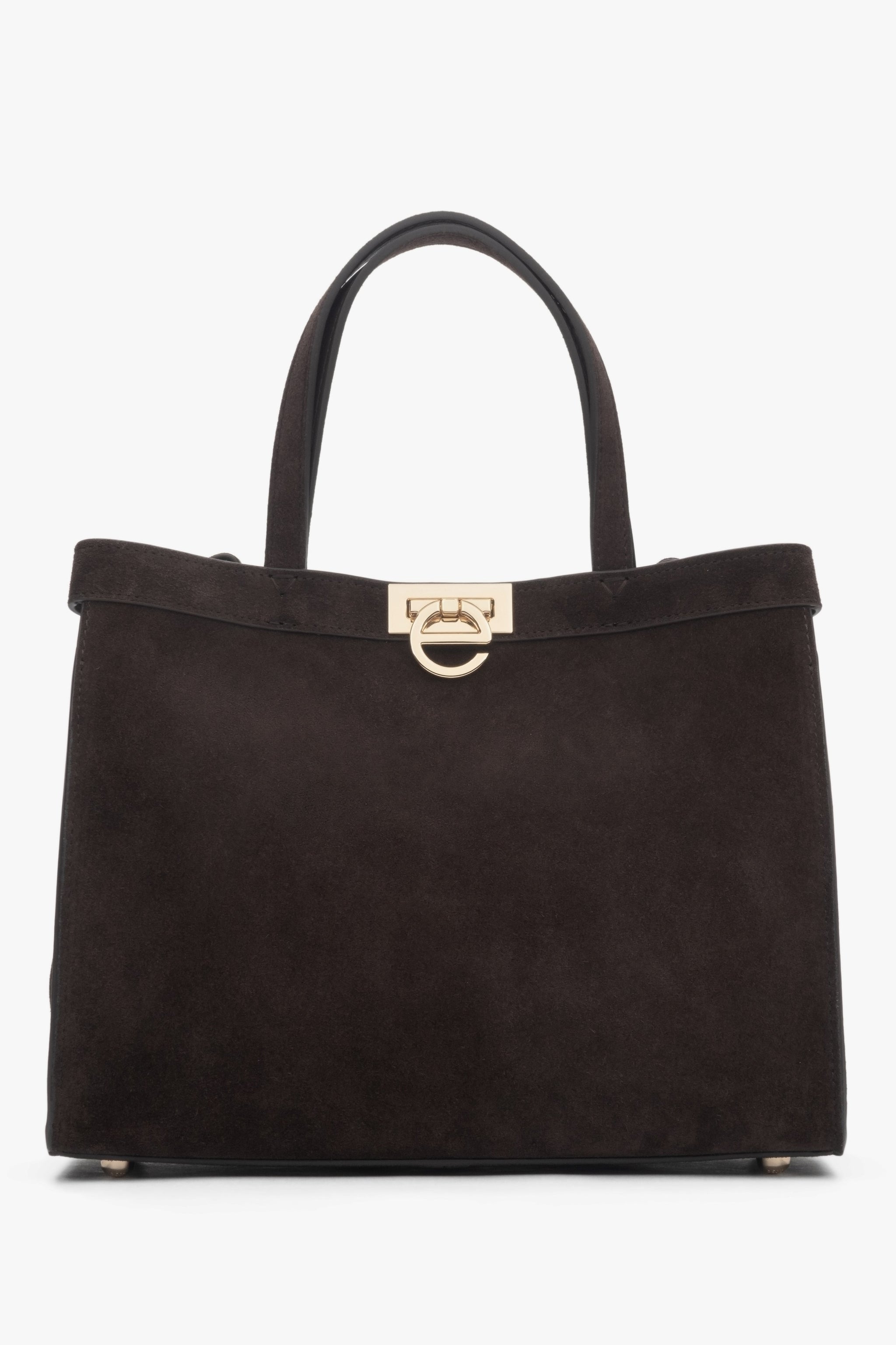 Frontansicht der dunkelbraunen Damen Tote-Bag aus Veloursleder mit goldenem Logo-Verschluss.