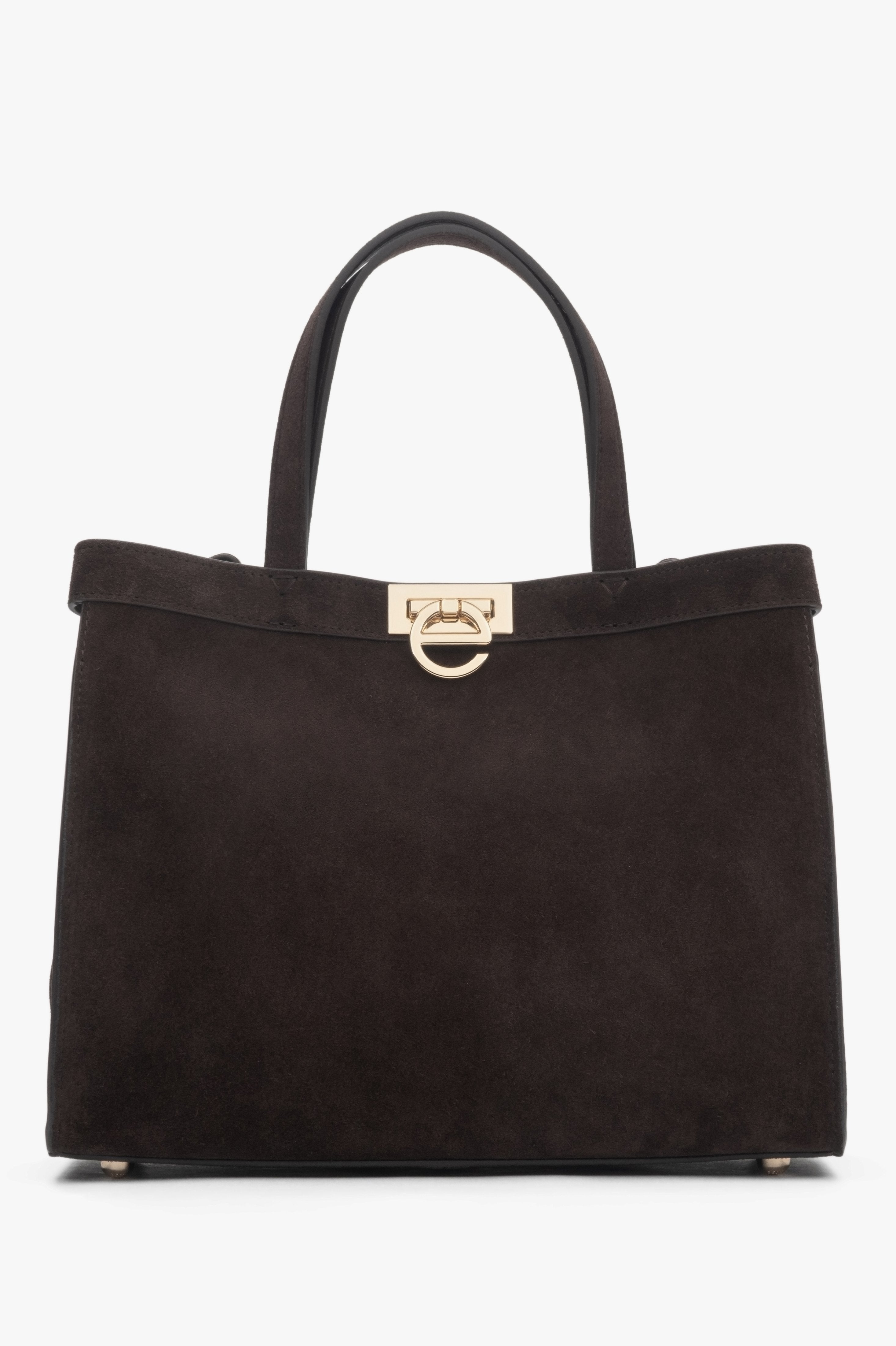 Frontansicht der dunkelbraunen Damen Tote-Bag aus Veloursleder mit goldenem Logo-Verschluss.