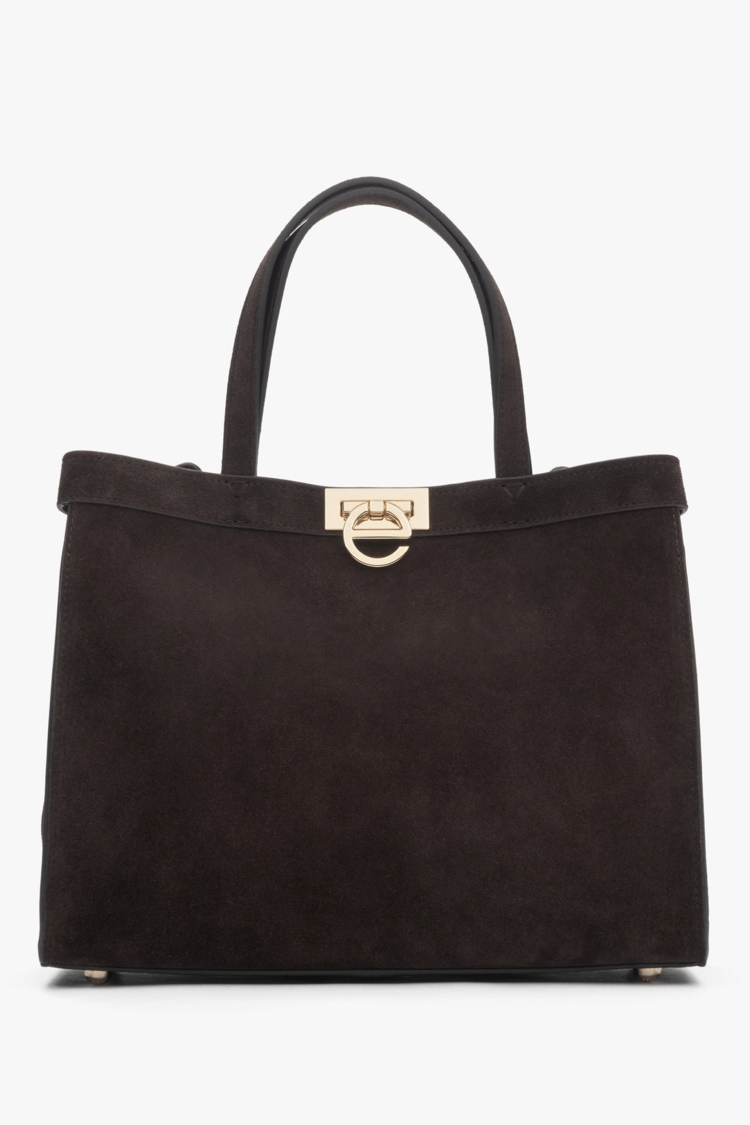 Frontansicht der dunkelbraunen Damen Tote-Bag aus Veloursleder mit goldenem Logo-Verschluss.