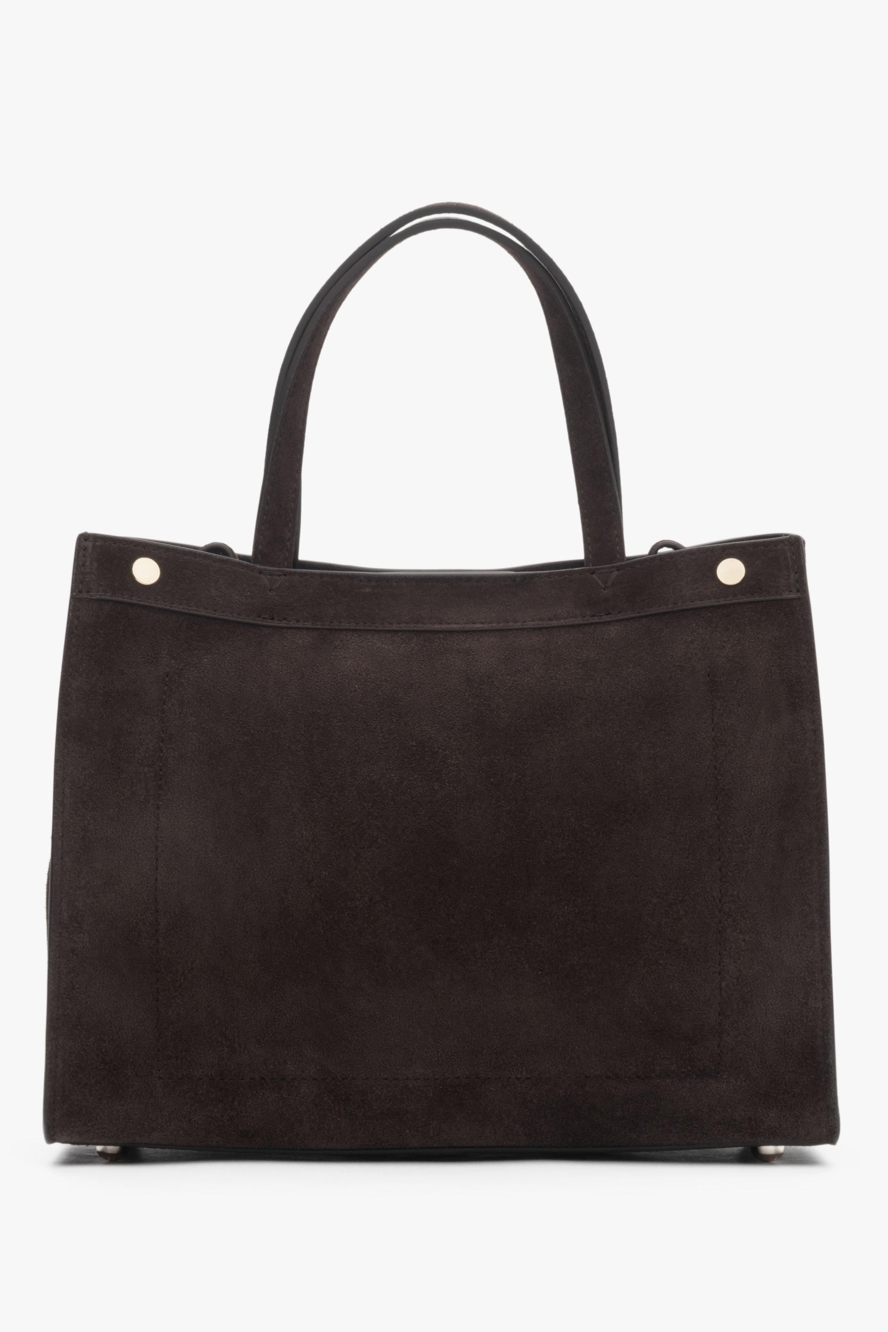 Rückansicht der eleganten Estro Handtasche aus braunem Wildleder.