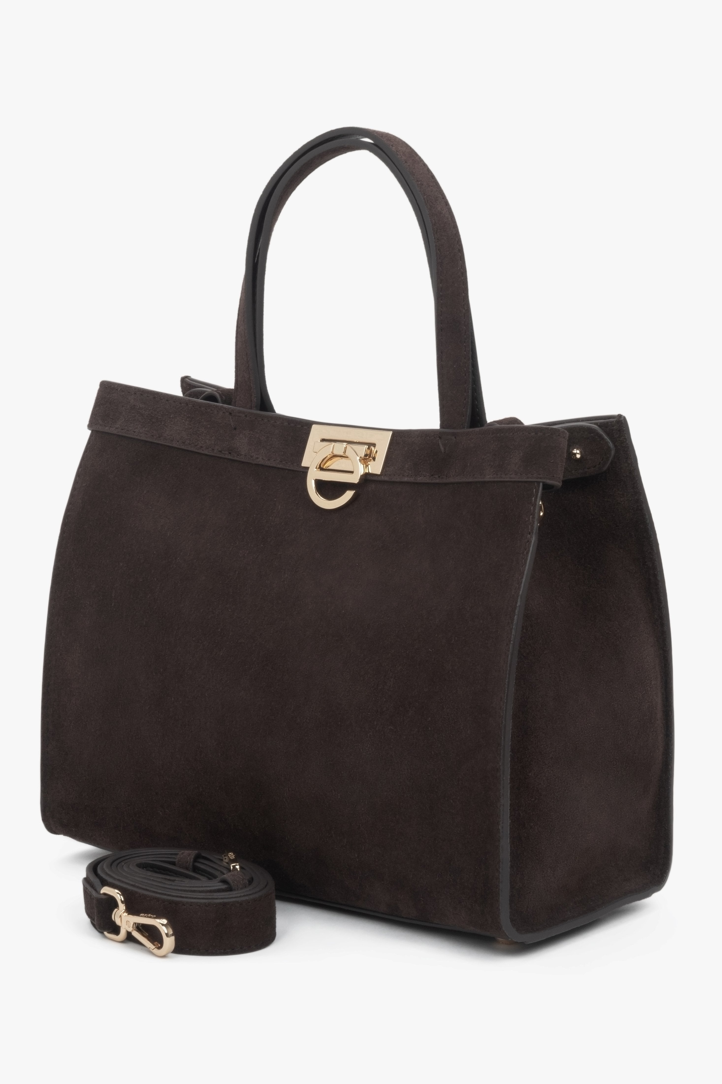 Seitenansicht der Tote-Bag mit Fokus auf die Struktur und die goldenen Karabiner der Riemen.