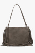 Dunkelgraue Damen-Schultertasche aus Veloursleder mit langen Fransen Vorderansicht