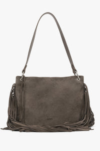 Dunkelgraue Damen-Schultertasche aus Veloursleder mit langen Fransen Vorderansicht