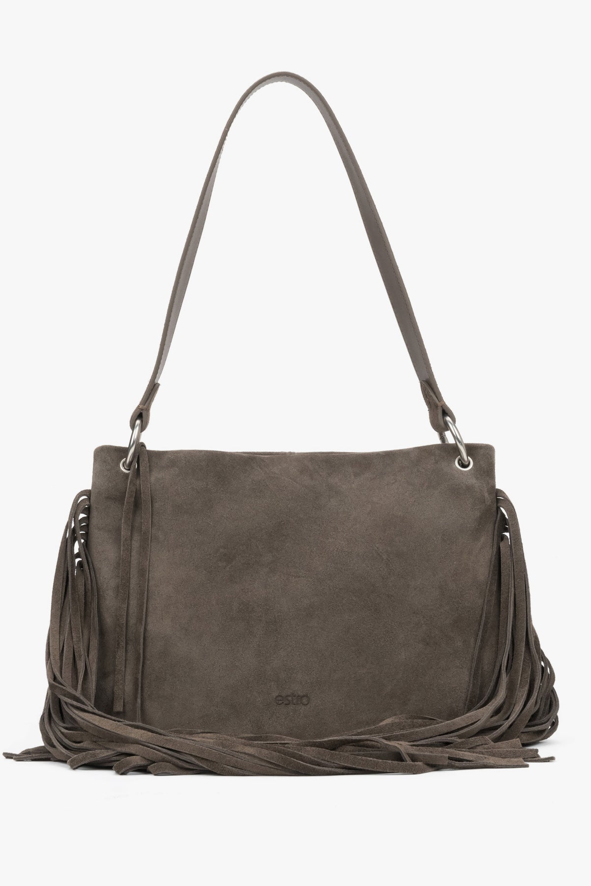 Dunkelgraue Damen-Schultertasche aus Veloursleder mit langen Fransen Vorderansicht