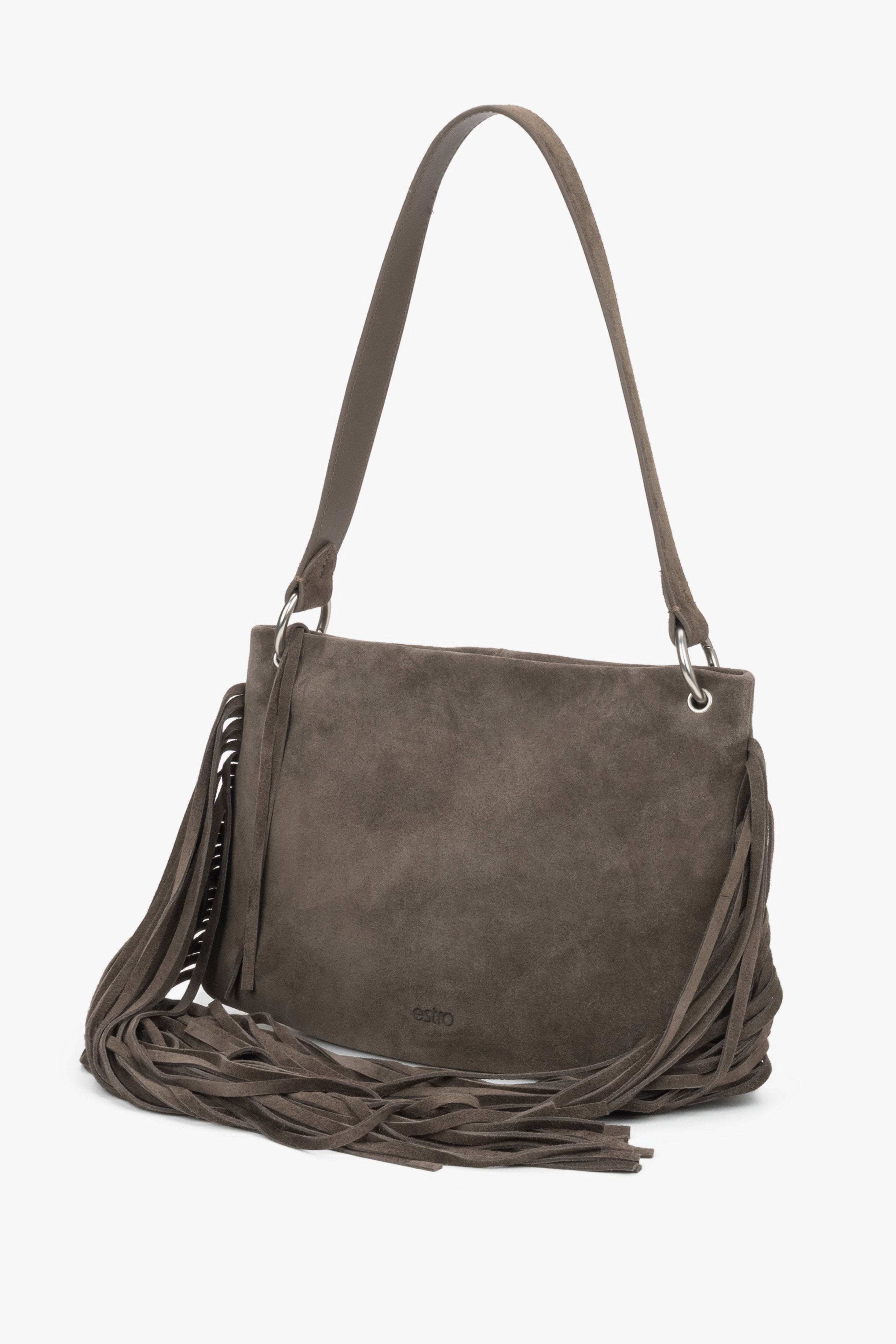 Dunkelgraue Boho-Schultertasche aus Natur-Veloursleder schräg von vorne