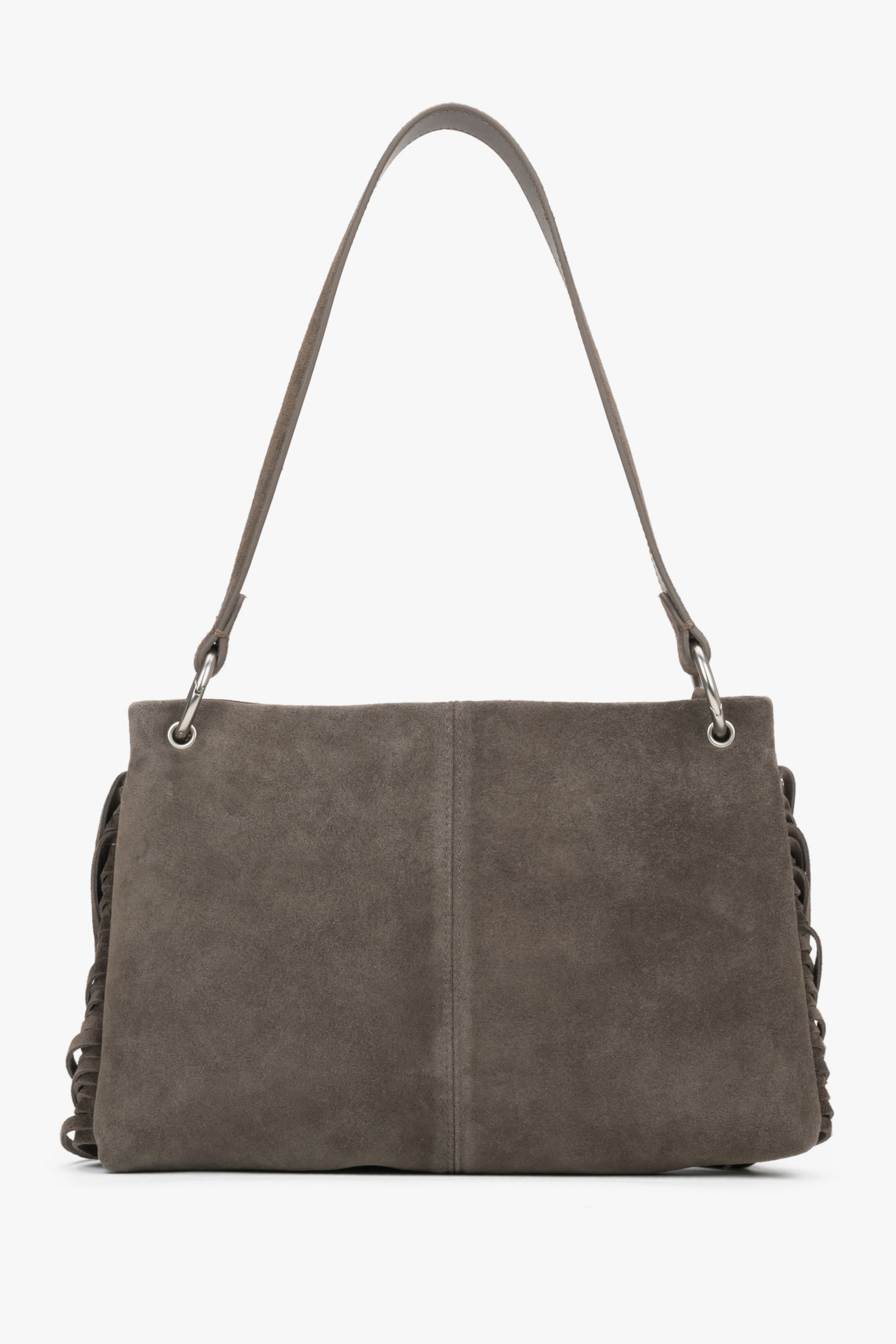 Rückansicht der dunkelgrauen Damen-Schultertasche mit Fransen