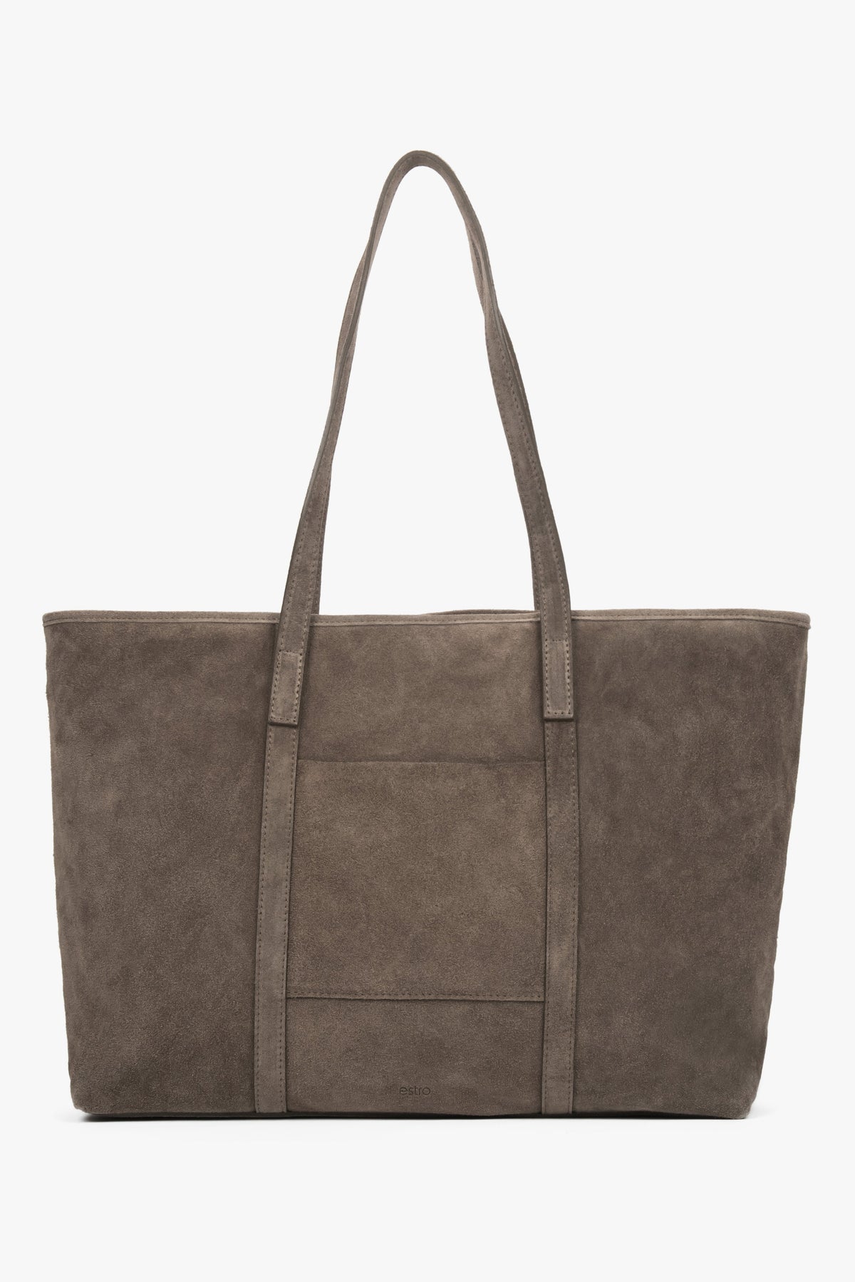 Frontansicht der dunkelgrauen Shopper-Tasche aus Premium-Velours mit langen Henkeln