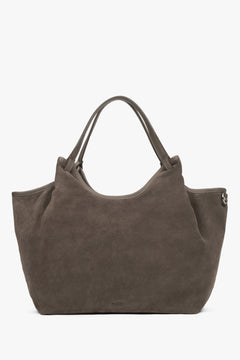 Frontale Ansicht der dunkelgrauen Shopper-Tasche aus Velours mit aufgestellten Griffen 