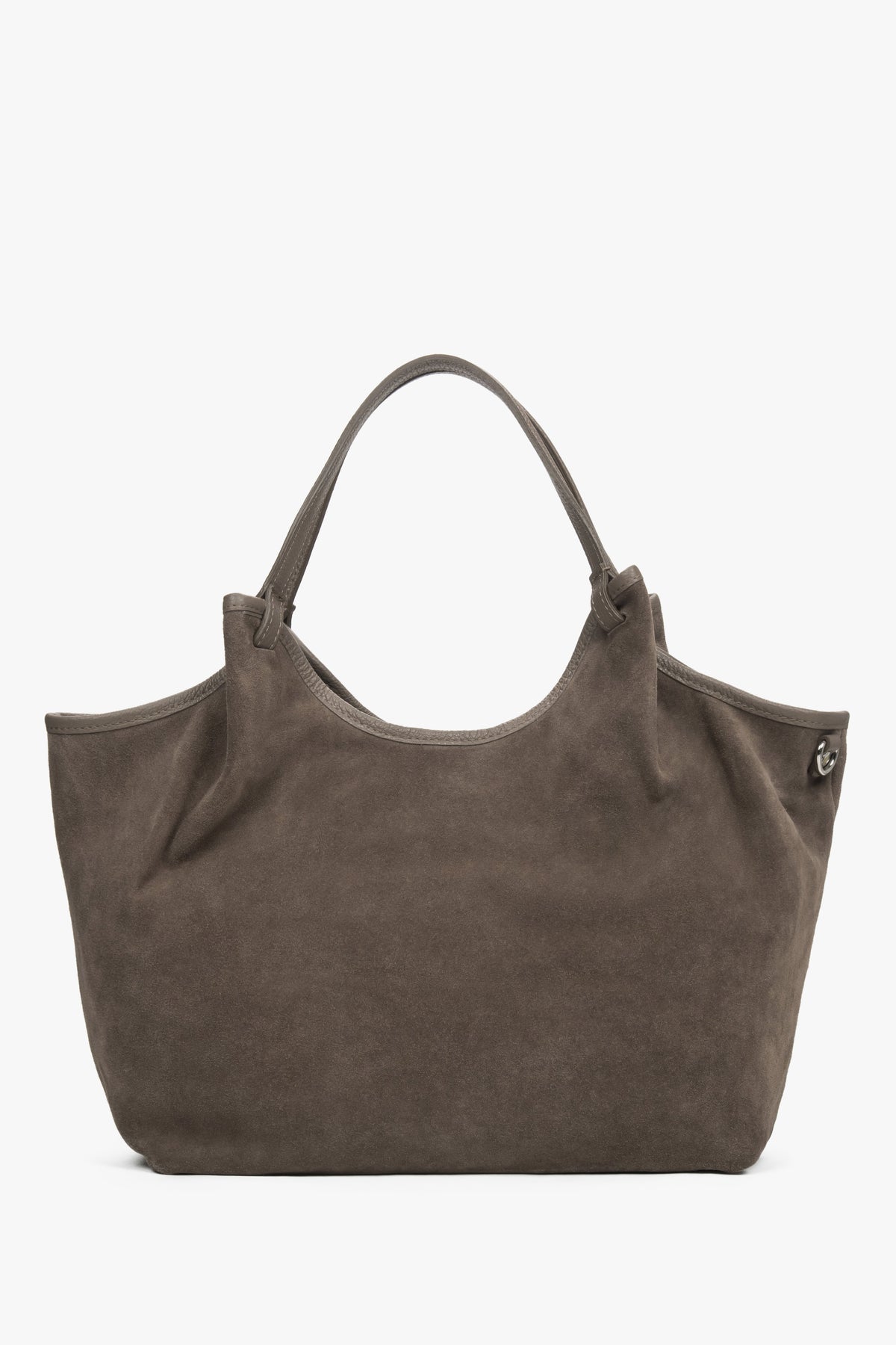 Flache Frontansicht der großformatigen Velours-Tasche in schlichtem, elegantem Design