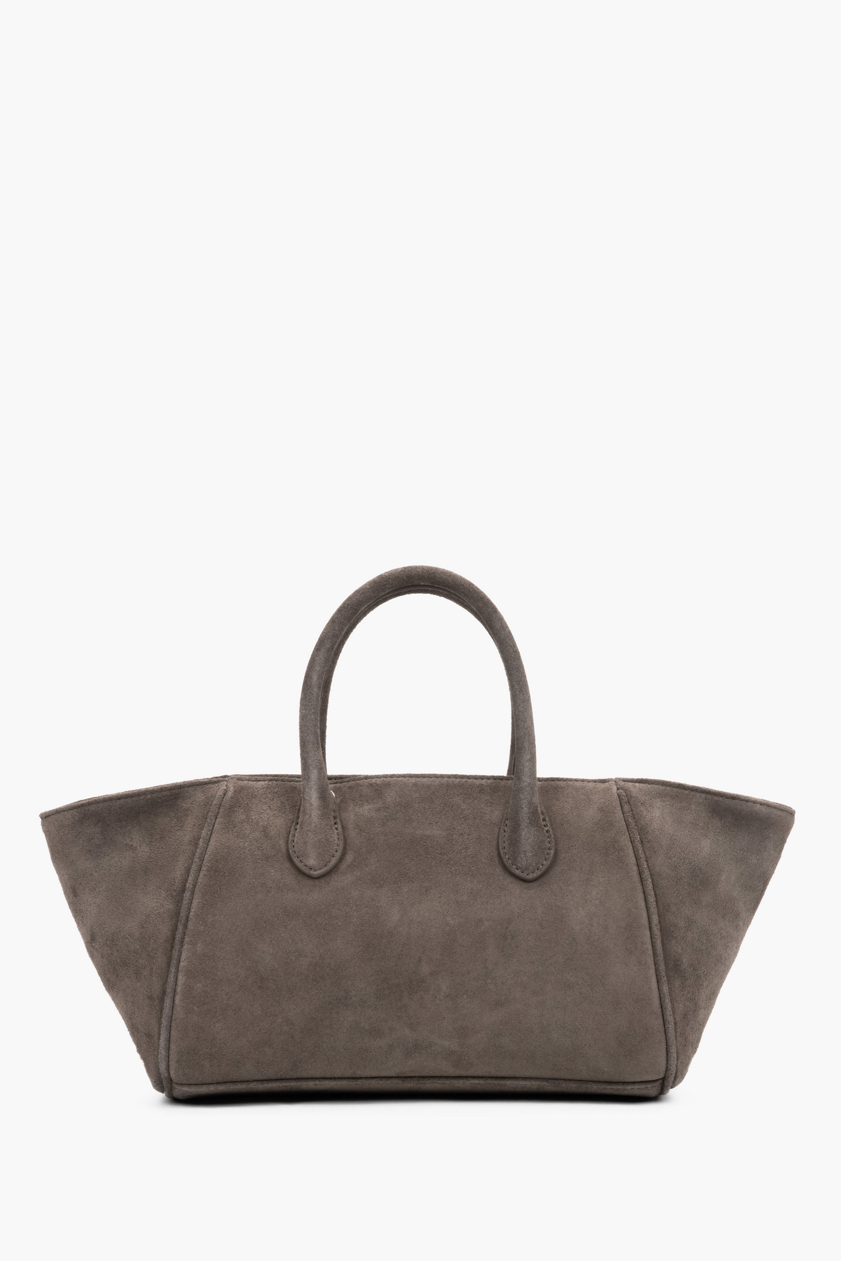 Taupefarbene Veloursleder-Tasche mit kurzen Griffen Seitenprofil
