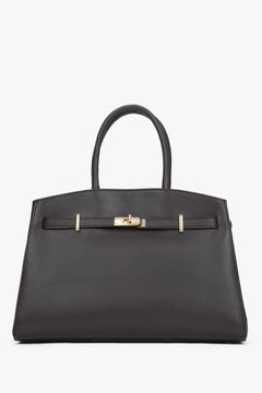 Frontansicht der eleganten dunkelbraunen Leder-Tote-Bag mit goldfarbenem Verschlussdetail