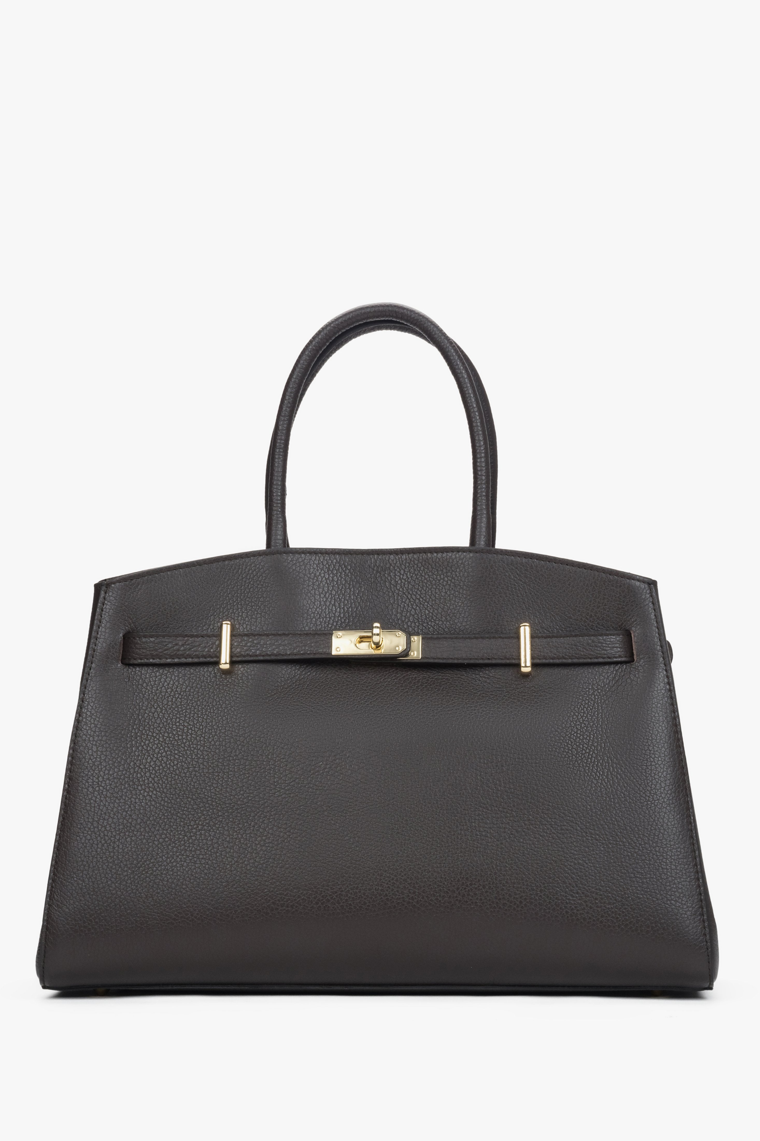 Frontansicht der eleganten dunkelbraunen Leder-Tote-Bag mit goldfarbenem Verschlussdetail