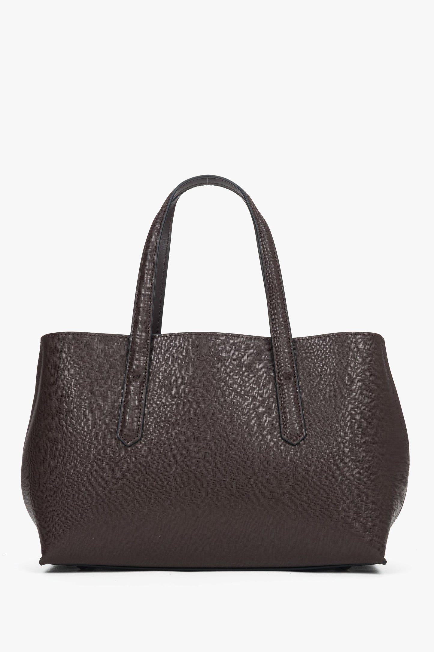 Frontalansicht der eleganten dunkelbraunen Damen-Tote-Bag aus glattem Echtleder.