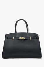 Frontansicht der eleganten schwarzen Leder-Tote-Bag mit goldfarbenem Verschlussdetail