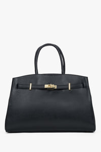 Frontansicht der eleganten schwarzen Leder-Tote-Bag mit goldfarbenem Verschlussdetail