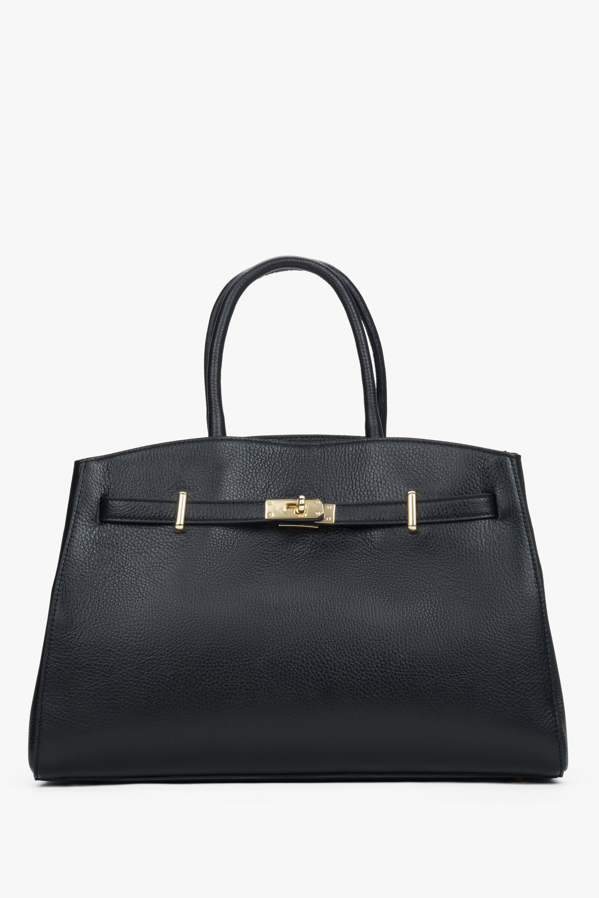 Frontansicht der eleganten schwarzen Leder-Tote-Bag mit goldfarbenem Verschlussdetail