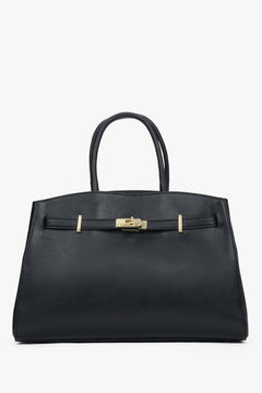 Frontansicht der eleganten schwarzen Leder-Tote-Bag mit goldfarbenem Verschlussdetail
