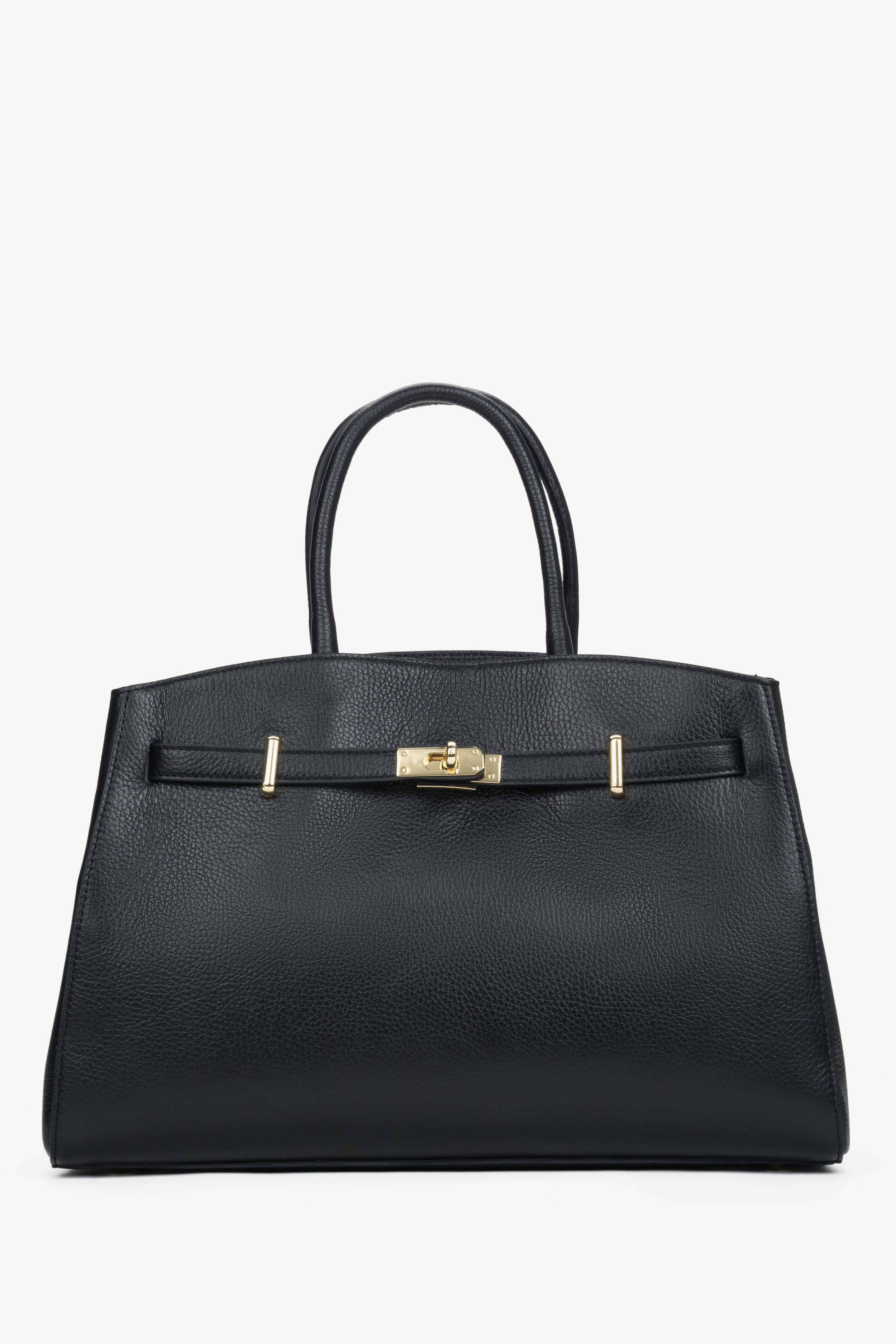 Frontansicht der eleganten schwarzen Leder-Tote-Bag mit goldfarbenem Verschlussdetail