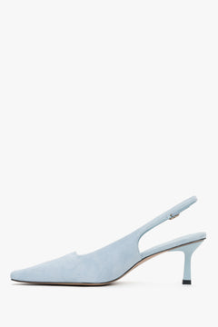 Elegante Damen-Slingpumps in Blau von Estro aus weichem Velours mit komfortablem, niedrigem Absatz.