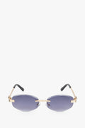 Frontansicht der grau-goldfarbenen ovalen rahmenlosen Damen-Sonnenbrille.