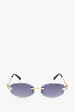 Frontansicht der grau-goldfarbenen ovalen rahmenlosen Damen-Sonnenbrille.