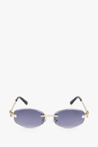 Frontansicht der grau-goldfarbenen ovalen rahmenlosen Damen-Sonnenbrille.
