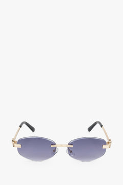 Frontansicht der grau-goldfarbenen ovalen rahmenlosen Damen-Sonnenbrille.