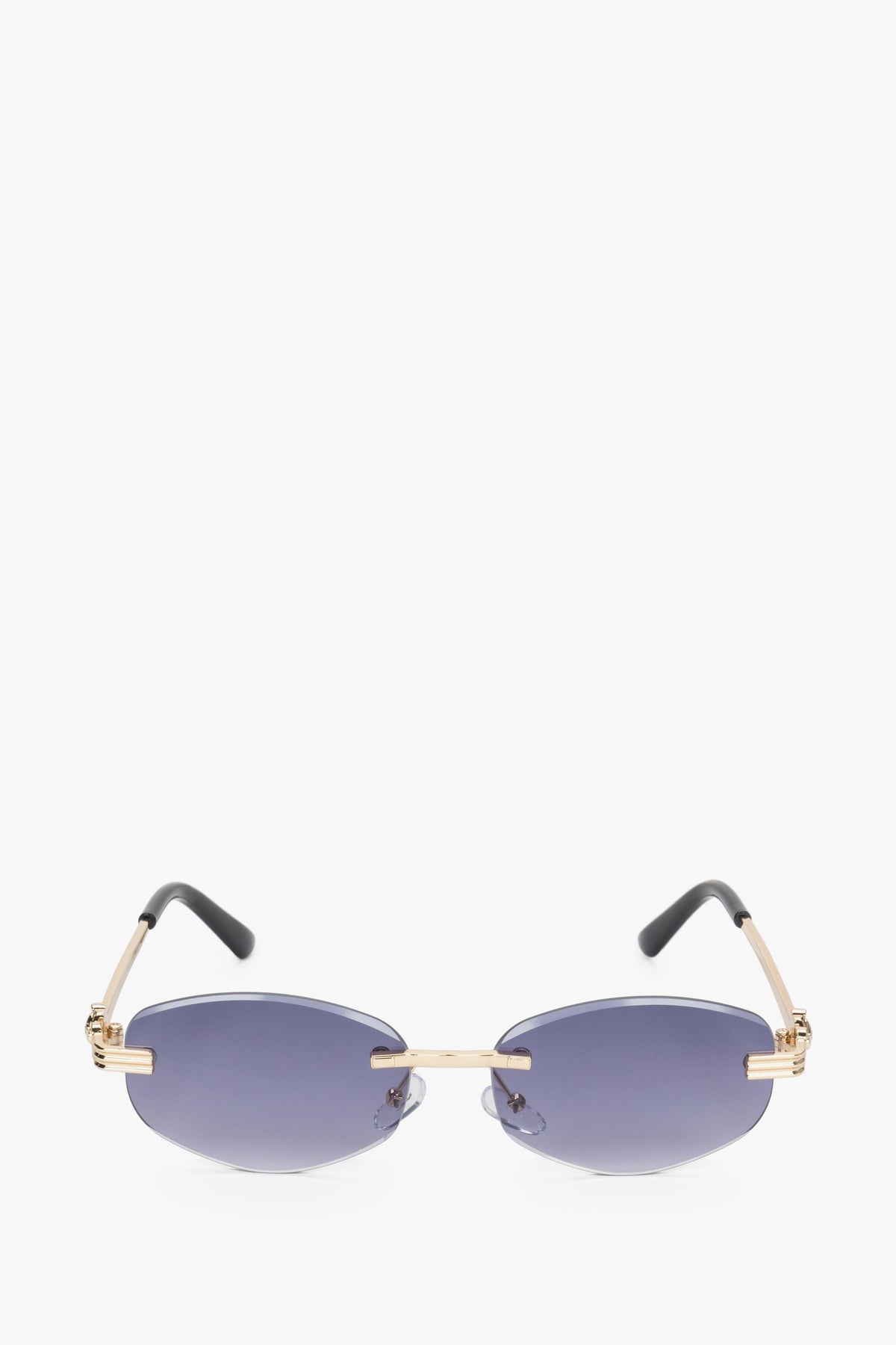 Frontansicht der grau-goldfarbenen ovalen rahmenlosen Damen-Sonnenbrille.
