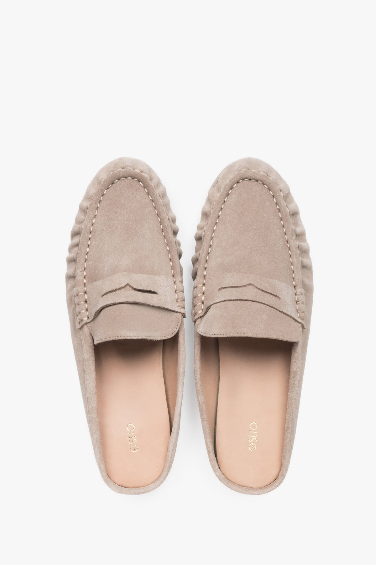Graubeige Damen-Mules aus Veloursleder von oben als Paar