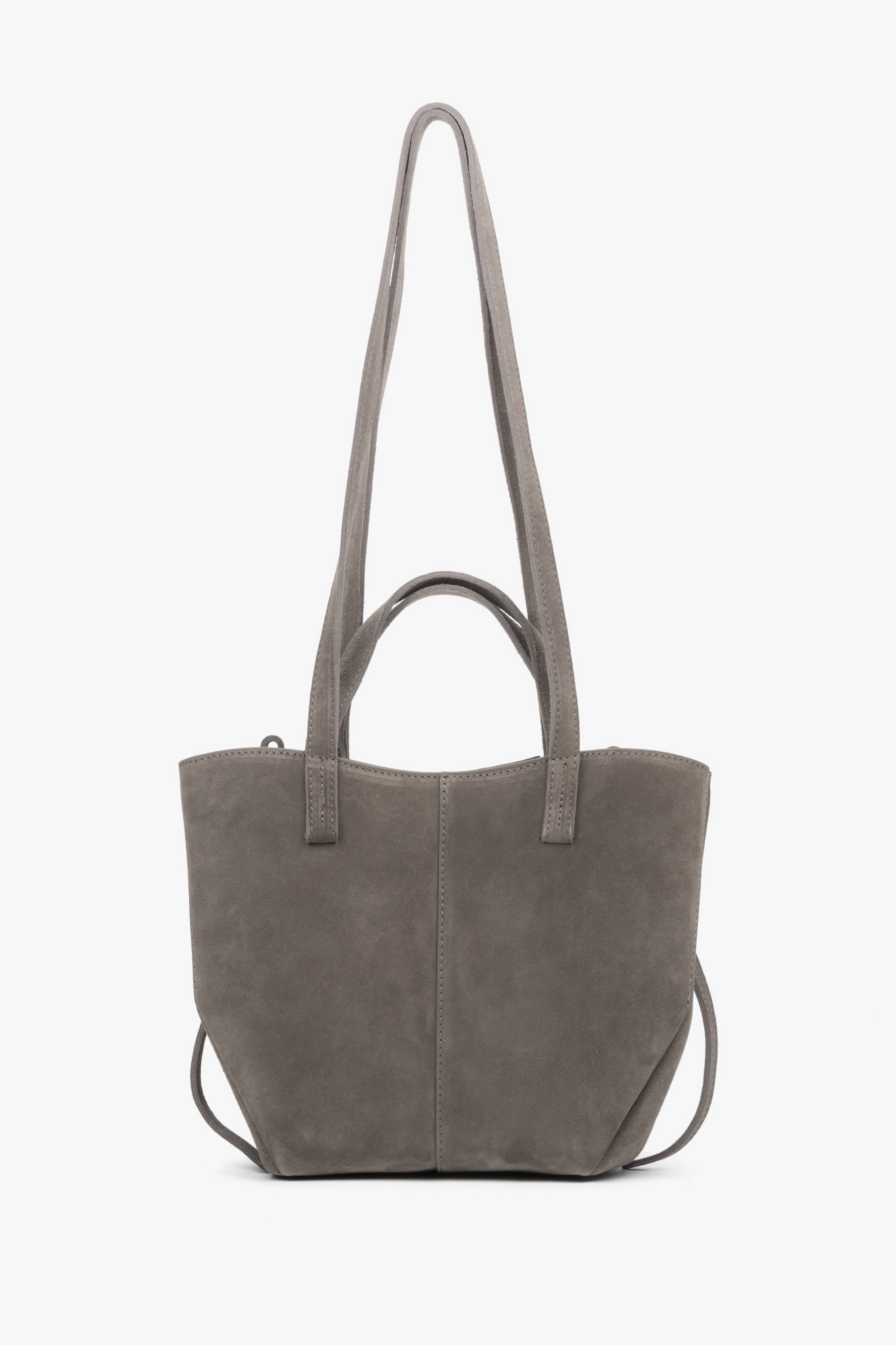 Frontansicht der graubraunen Damen-Henkeltasche aus Natur-Velours in entfalteter Form mit langen Henkeln