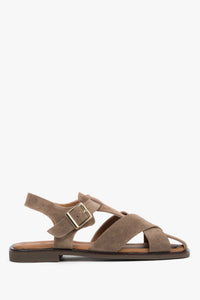 Graue Damen-Sandalen aus natürlichem Veloursleder in seitlicher Ansicht