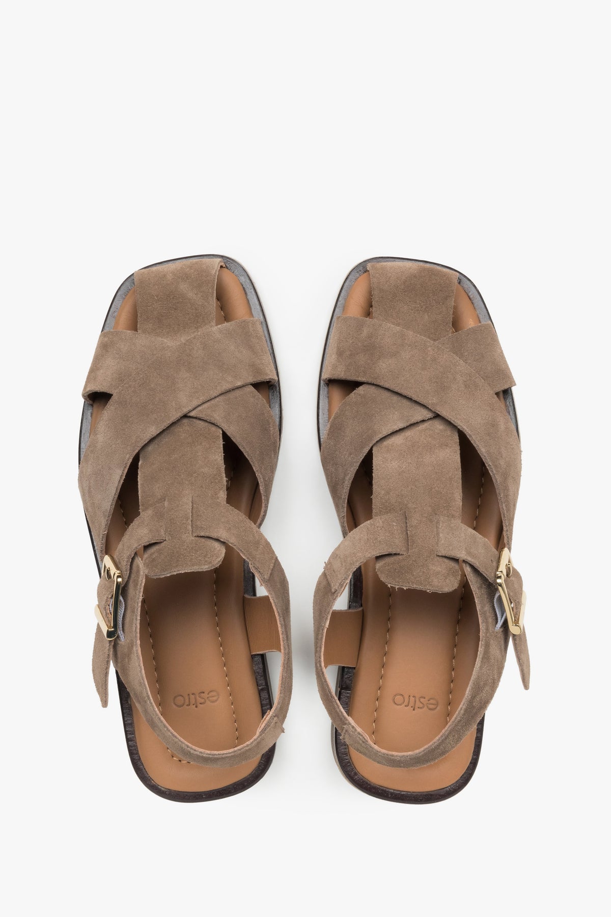 Graue Damen-Sandalen aus Veloursleder von oben als Paar