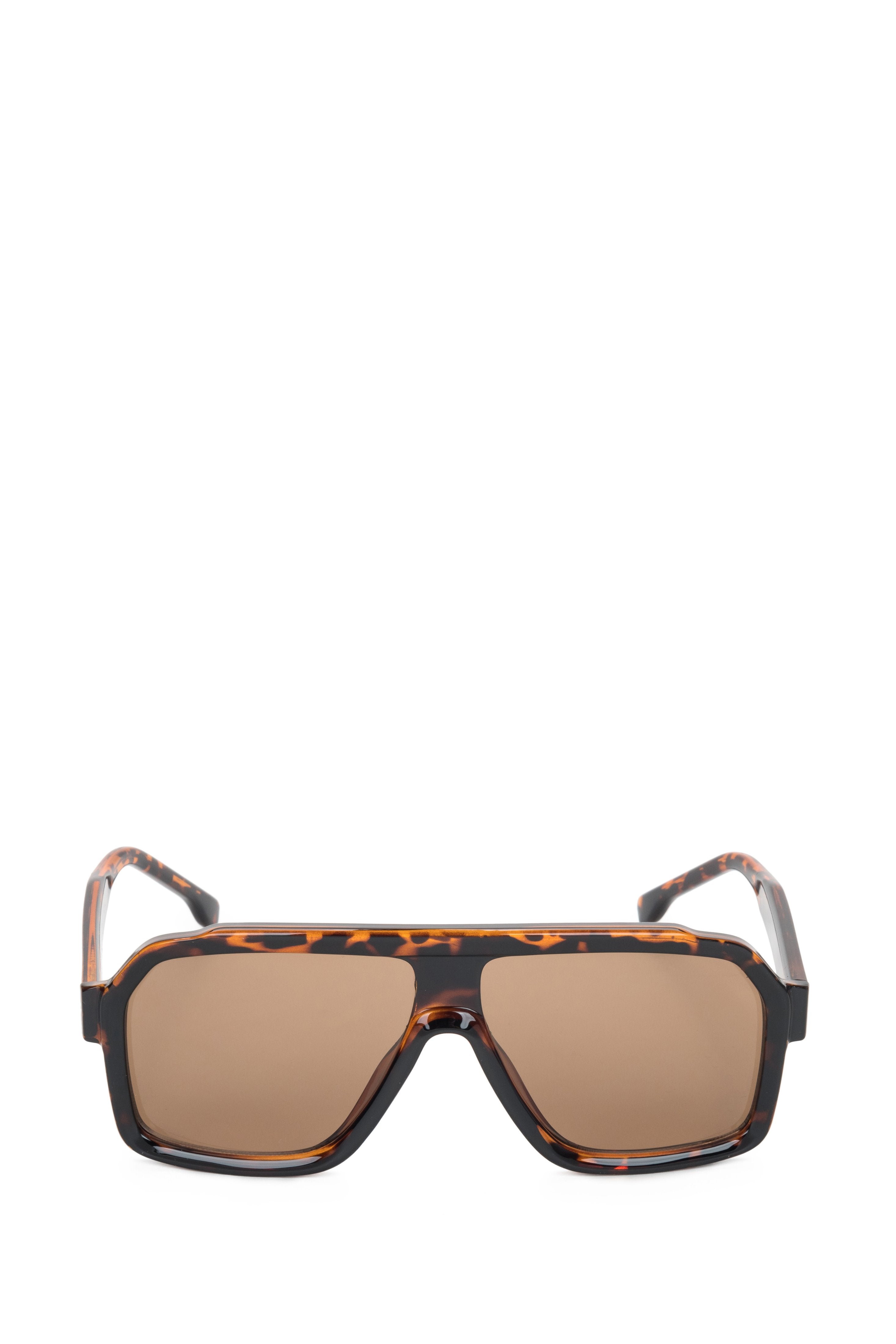 Frontansicht der geometrischen braunen Sonnenbrille mit Animal-Print.
