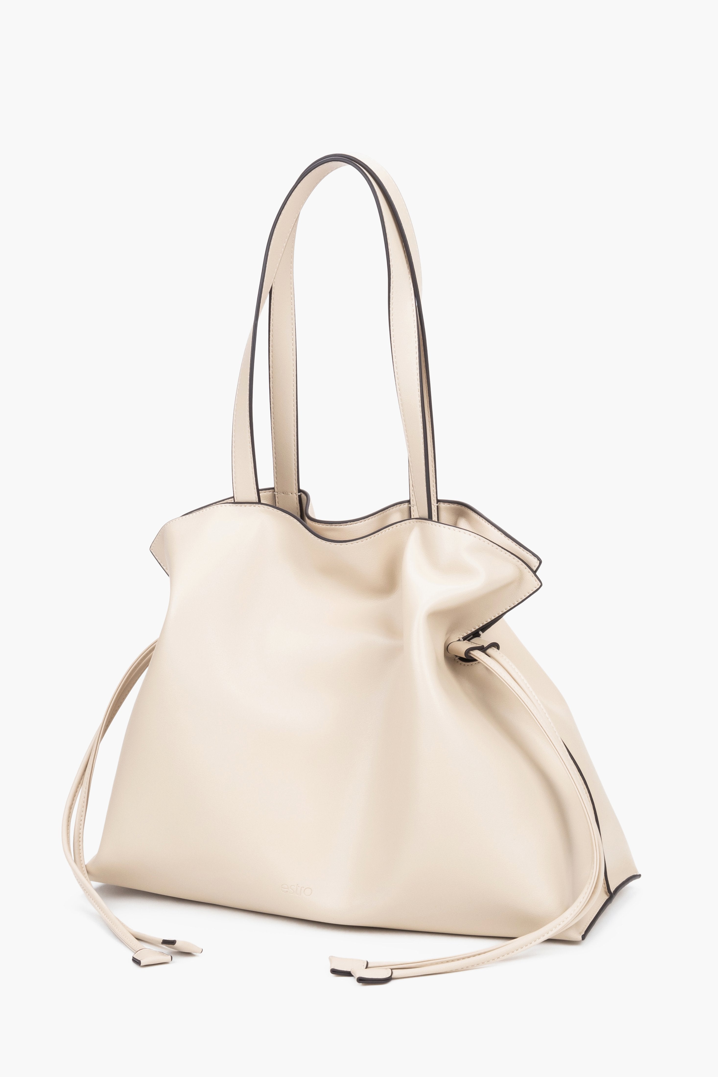 Milchbeige Shopper-Tasche mit zusammengezogenen Bändern schräge Ansicht