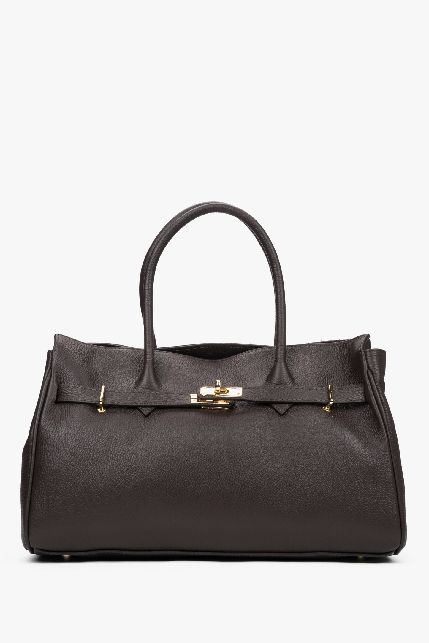 Frontale Ansicht der großen dunkelbraunen Damen-Handtasche aus italienischem Premium-Echtleder