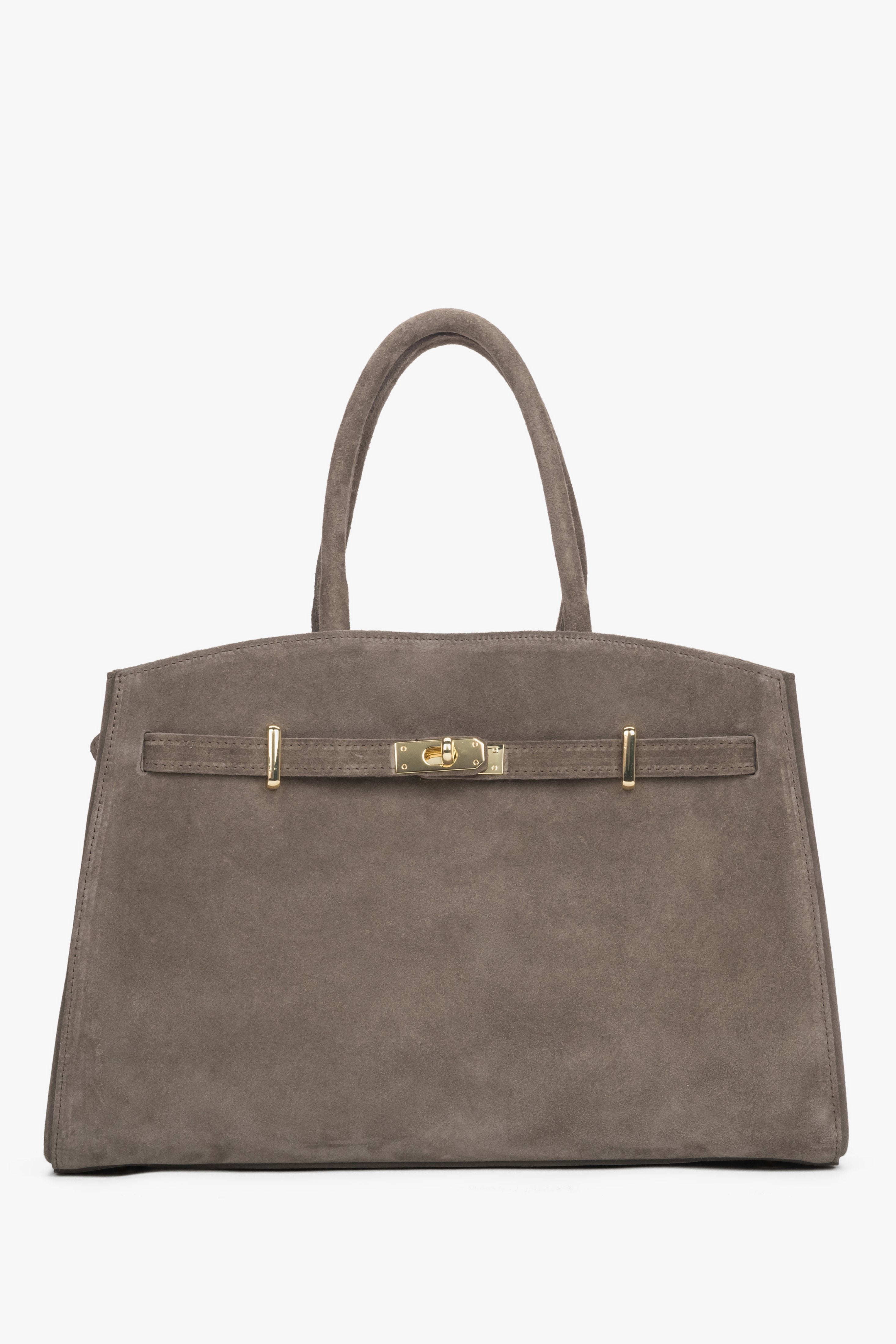 Frontale Ansicht der großen graubeigen Damen-Henkeltasche aus italienischem Premium-Velours