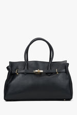 Frontale Ansicht der großen schwarzen Damen-Handtasche aus italienischem Premium-Echtleder