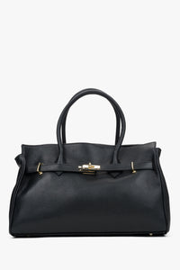 Frontale Ansicht der großen schwarzen Damen-Handtasche aus italienischem Premium-Echtleder