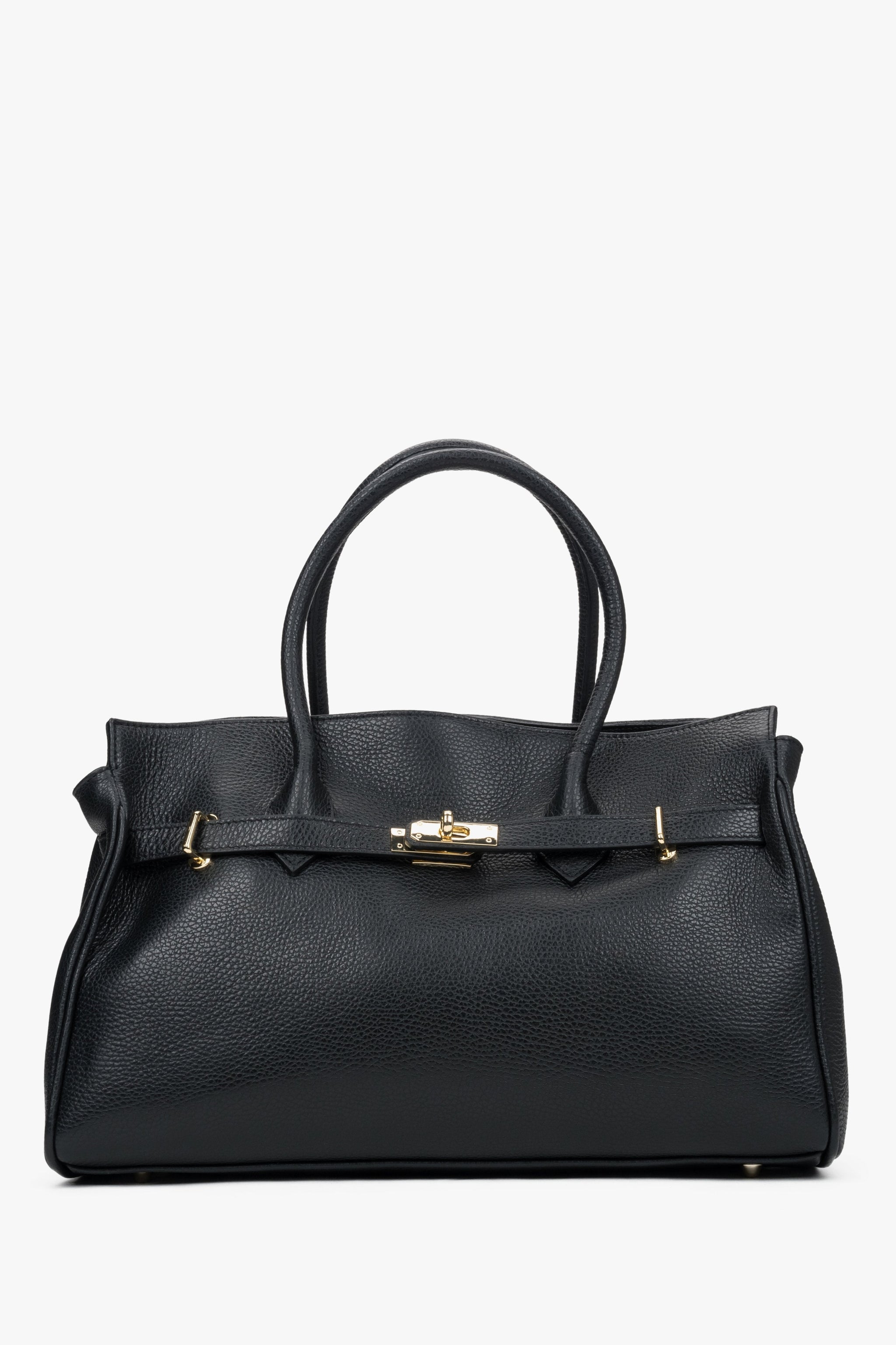 Frontale Ansicht der großen schwarzen Damen-Handtasche aus italienischem Premium-Echtleder