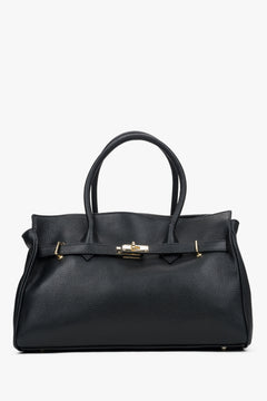 Frontale Ansicht der großen schwarzen Damen-Handtasche aus italienischem Premium-Echtleder