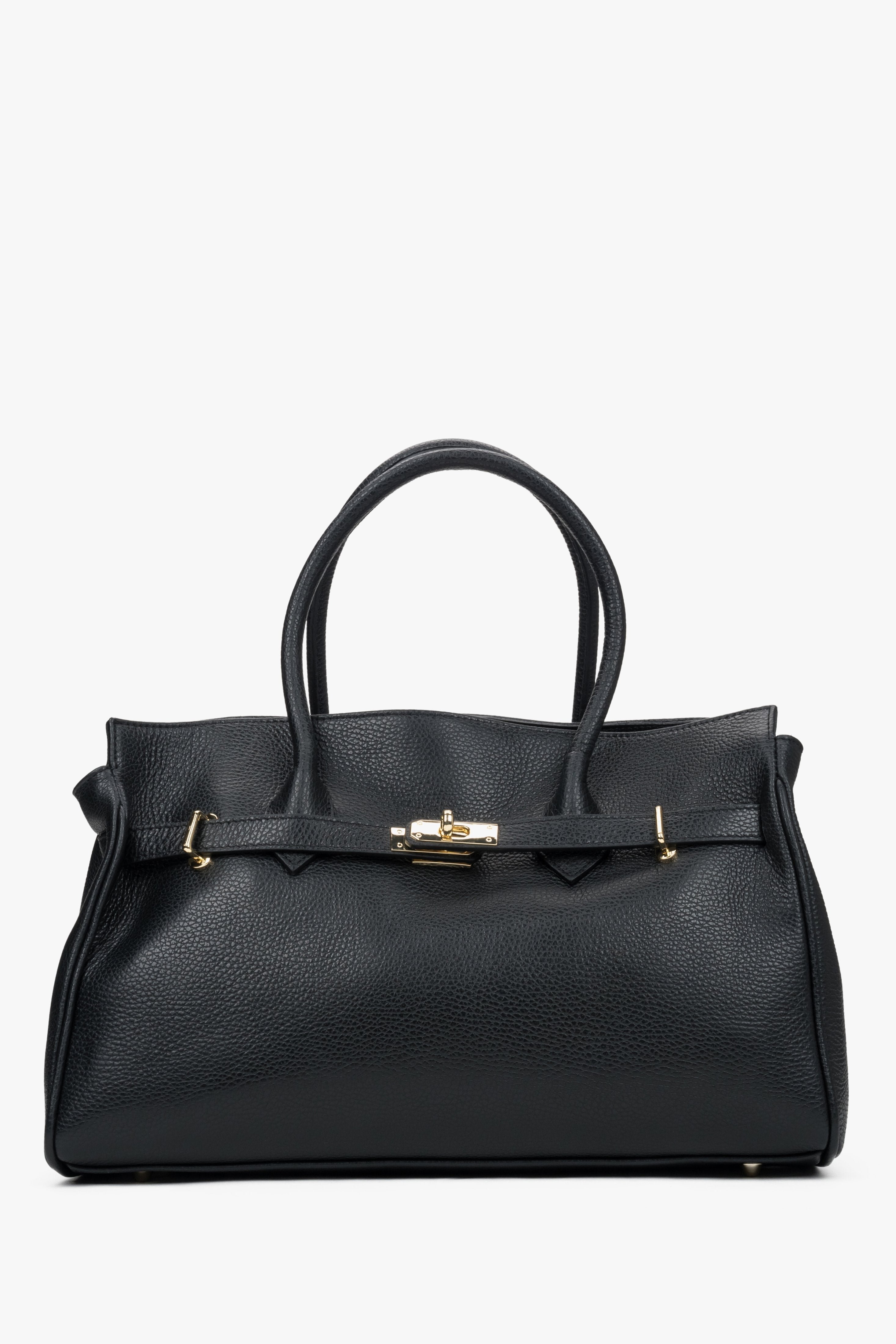Frontale Ansicht der großen schwarzen Damen-Handtasche aus italienischem Premium-Echtleder