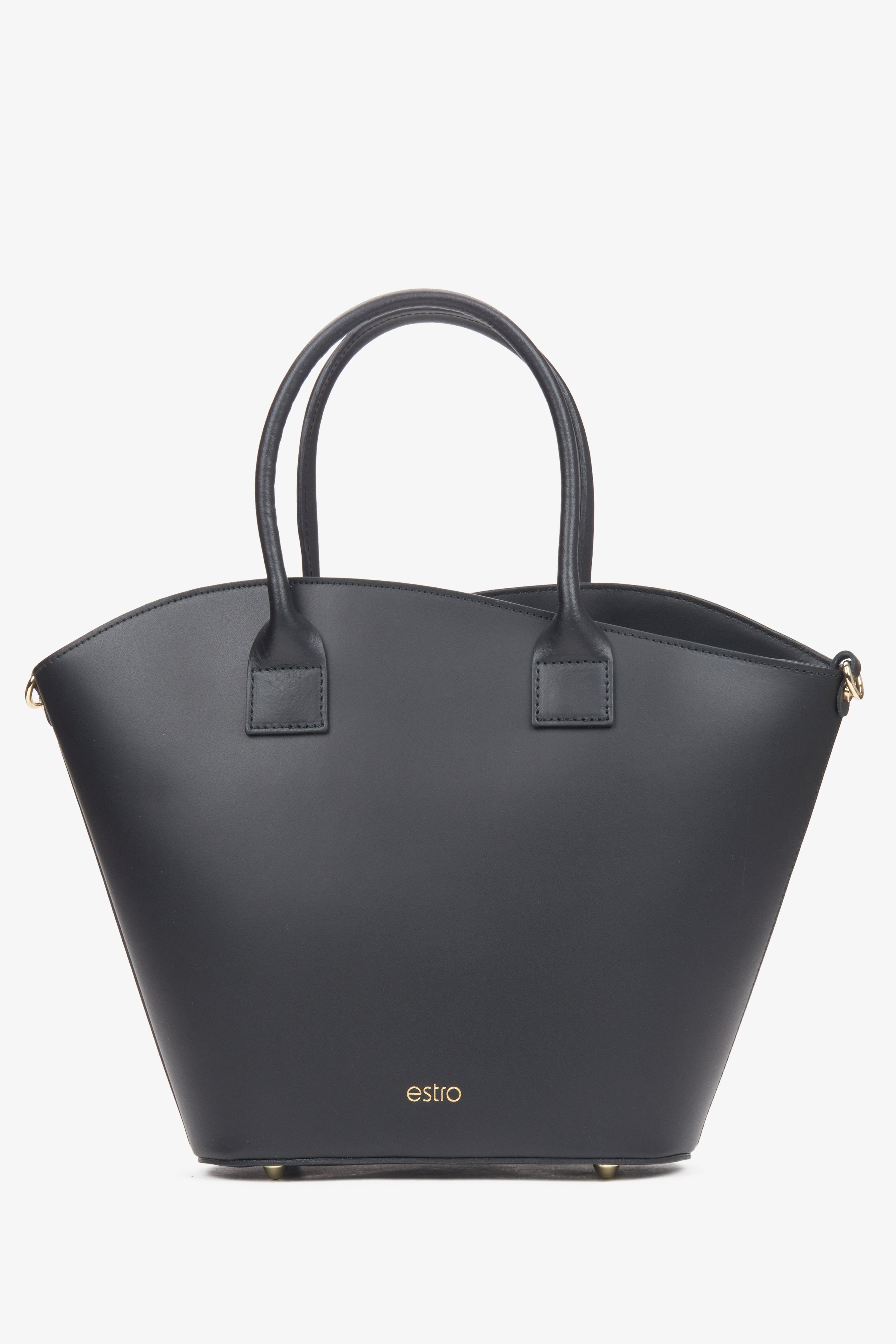 Elegante schwarze Leder-Handtasche mit goldenen Details schräge Ansicht