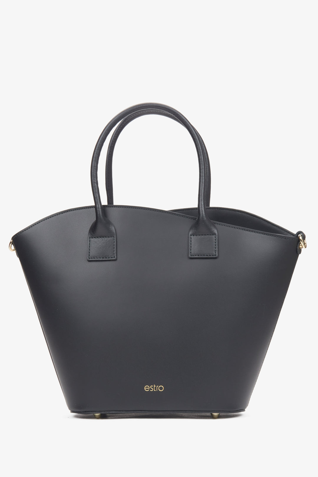 Elegante schwarze Leder-Handtasche mit goldenen Details schräge Ansicht