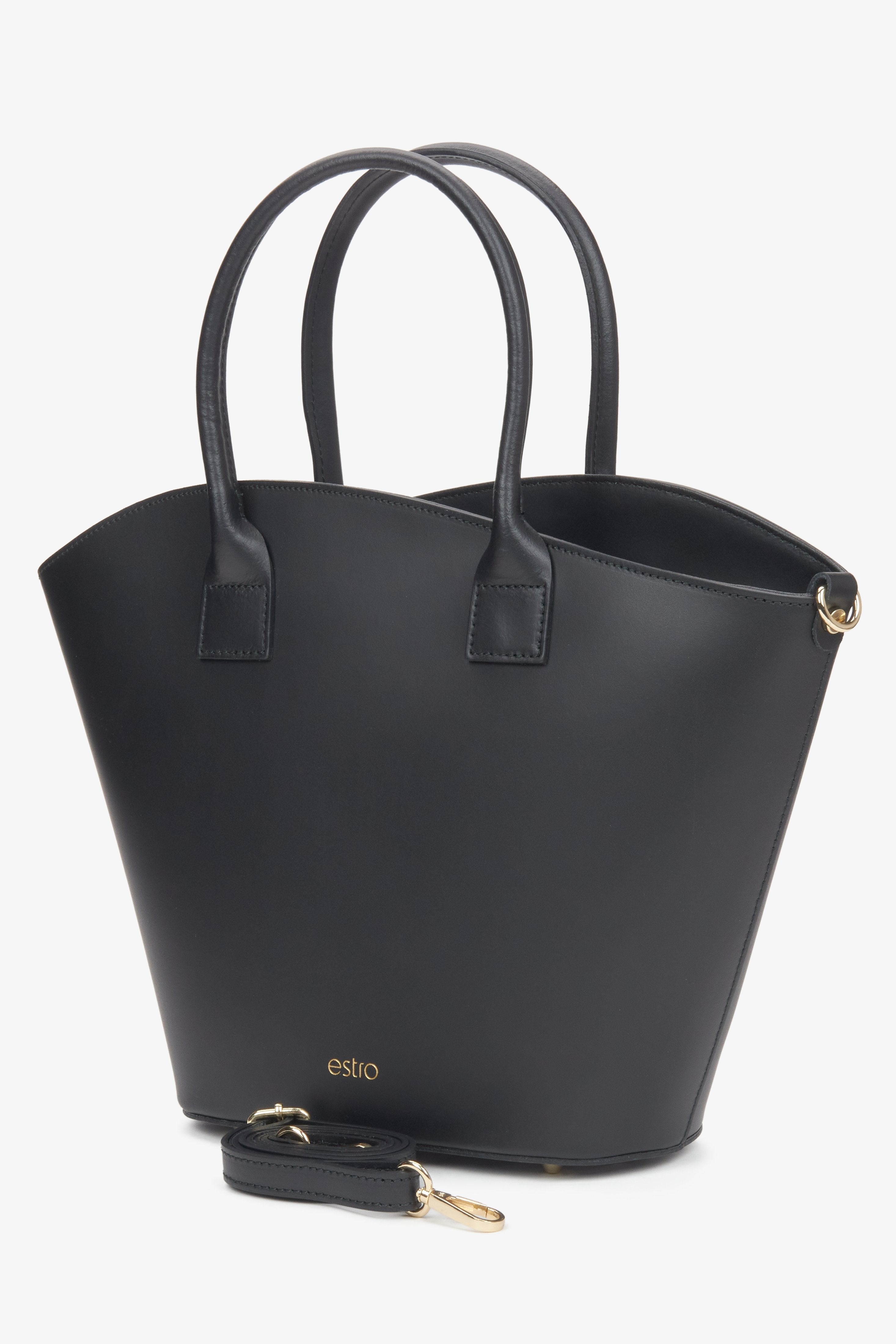 Schwarze Damen-Shopper-Tasche aus Echtleder im Seitenprofil
