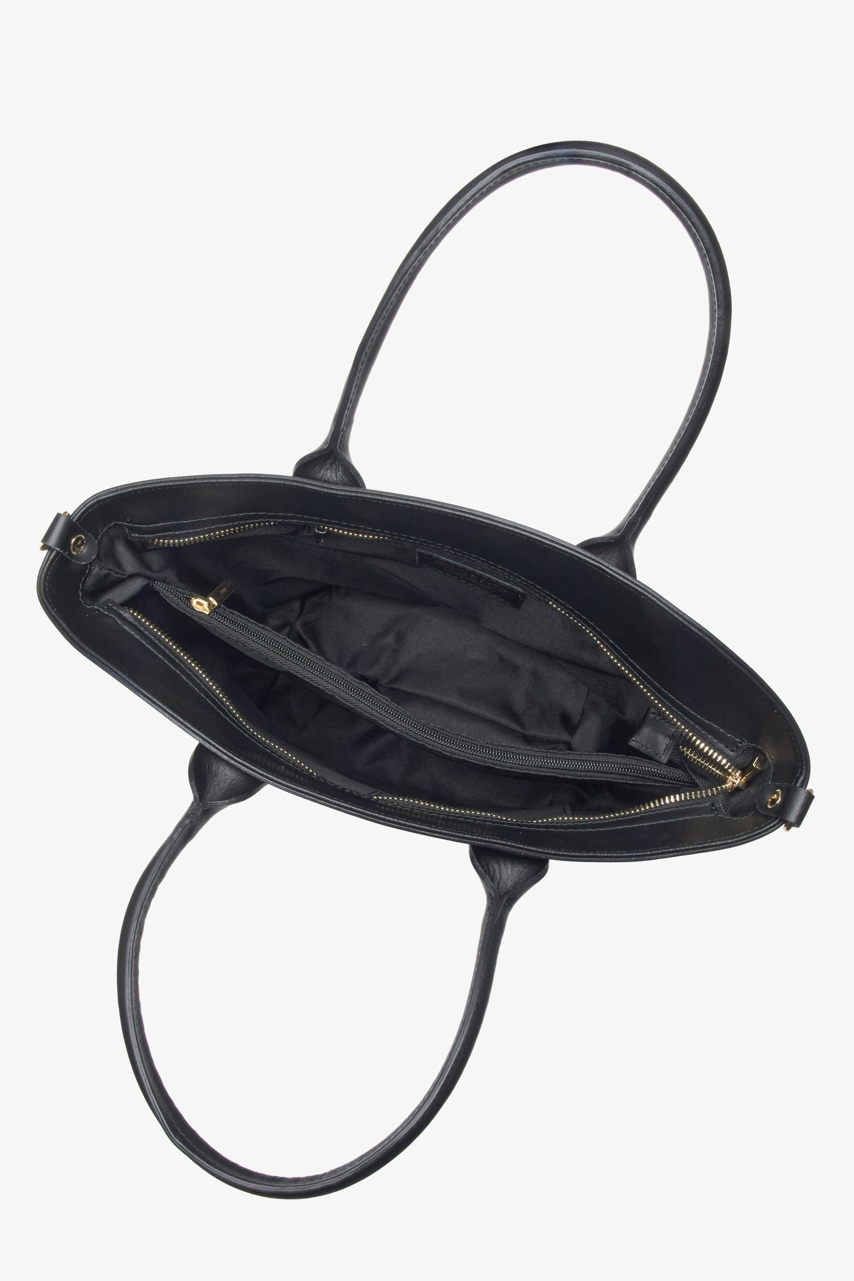 Innenansicht der schwarzen Ledertasche mit zwei Fächern und Reißverschluss