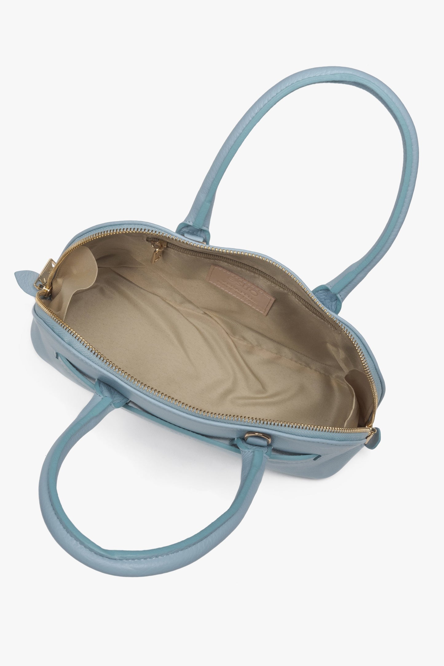 Damen-Schultertasche aus hellblauem Leder von Estro – Ansicht von oben.