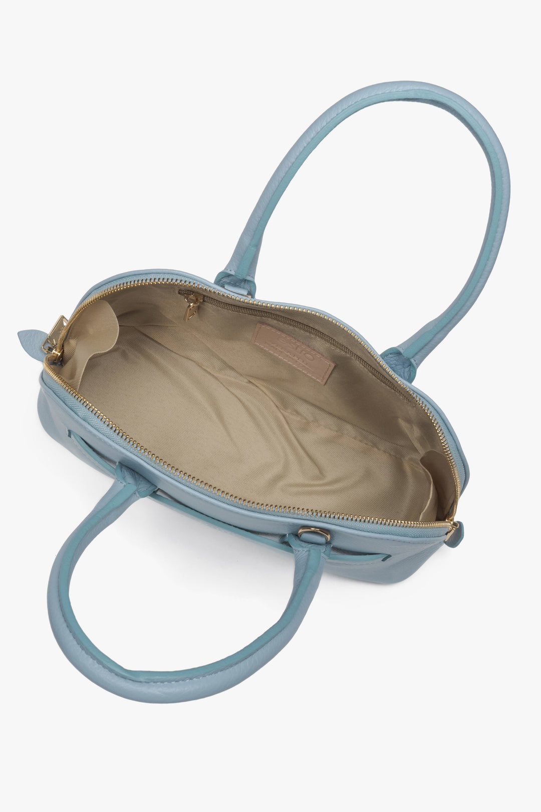 Damen-Schultertasche aus hellblauem Leder von Estro – Ansicht von oben.